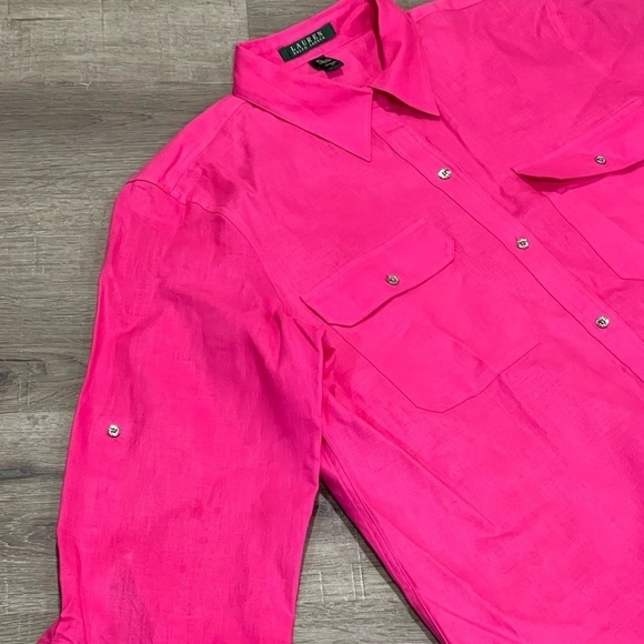 Women’s XL 100% Linen Pink Button Front Beach Vacation Lightweight Classic Shirt - Picture 4 of 9